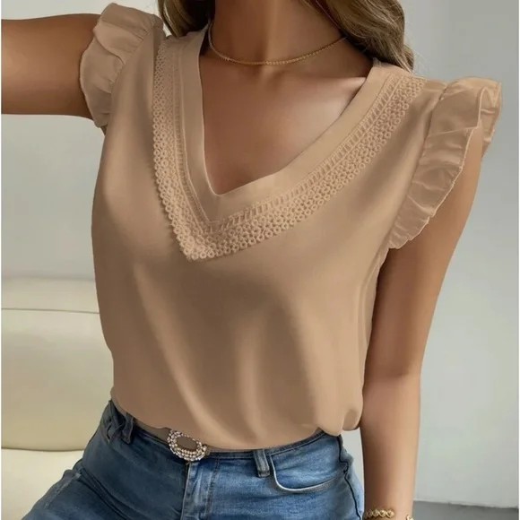 New V neck ruffle sleeve short sleeve top - Picture 2 of 6